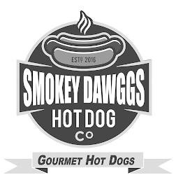 ESTD. 2016 SMOKEY DAWGGS HOT DOG CO GOURMET HOT DOGS logo
