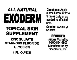 EXODERM ALL NATURAL TOPICAL SKIN SUPPLEMENT ZINC SULFATE STANNOUS FLUORIDE GLYCERINE 1 FL. OUNCE logo