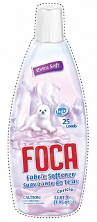 EXTRA SOFT HE 25 LOADS FOCA FABRIC SOFTENER SUAVIZANTE DE TELAS CARICIA CAUTION: EYE IRRITANT SEE CAUTION ON BACK LABEL. 33.81 FL OZ (1.05 QT) 1L logo
