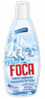 EXTRA SOFT HE 25 LOADS FOCA FABRIC SOFTENER SUAVIZANTE DE TELAS SANDALWOOD CAUTION: EYE IRRITANT SEE CAUTION ON BACK LABEL. 33.81 FL OZ (1.05 QT) 1L logo