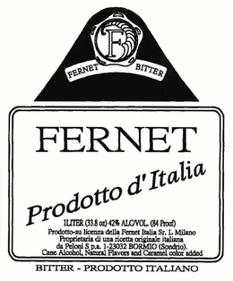 F FERNET BITTER FERNET PRODOTTO D'ITALIA 1 LITER (38.9OZ) 42% ALC/ VOL. (84 PROOF) PRODOTTO-SU LICENZA DELLA FERNET ITALIA SR. L MILANO PROPRIETARIA DI UNA RICETTA ORIGINALE ITALIANA DA PELONI S P.A. I-23032 BORMIO (SONDRIO). CANE ALCOHOL, NATURAL FLAVORS AND CARAMEL COLOR ADDED BITTER - PRODOTTO ITALIANO logo