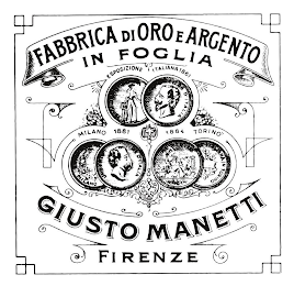 FABBRICA DI ORO E ARGENTO IN FOGLIA ESPOSIZIONE ITALIANA 1861 MILANO 1881 1884 TORINO GIUSTO MANETTI FIRENZE logo