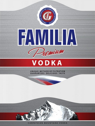 FAMILIA, PREMIUM, VODKA, G, F, ORIGINAL PRODUCT OF CARPATHIAN MOUNTAINS, UNIQUE METHOD OF FILTRATION GUARANTEES DELICIOUS TASTE, CARPATHIAN MOUNTAINS VODKA logo