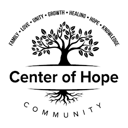 FAMILY · LOVE · UNITY · GROWTH · HEALING · HOPE · KNOWLEDGE CENTER OF HOPE COMMUNITY logo