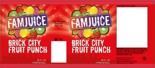 FAMJUICE KEEP REFRIGERATED. SHAKE WELL. SERVE COLD. BRICK CITY FRUIT PUNCH logo