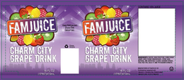 FAMJUICE KEEP REFRIGERATED. SHAKE WELL.SERVE COLD, CHARM CITY GRAPE DRINK logo