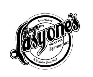 FAMOUS LASYONE'S MEAT PIE RESTAURANT A TRADITION SINCE 1967 EAT HEARTY logo