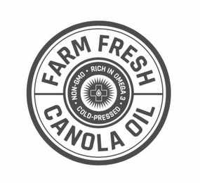 FARM FRESH CANOLA OIL · NON GMO· RICH OMEGA 3 COLD-PRESSED · logo
