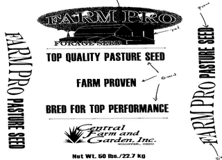 FARM PRO FORAGE SEED TOP QUALITY ALFALFA FARM PROVEN BRED FOR TOP PERFORMANCE FARM PRO ALFALFA SEED CENTRAL FARM AND GARDEN, INC. WOOSTER, OHIO NET WT. 50 LBS./22.7 KG logo