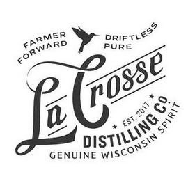 FARMER FORWARD DRIFTLESS PURE LA CROSSE EST. 2017 DISTILLING CO. GENUINE WISCONSIN SPIRIT logo