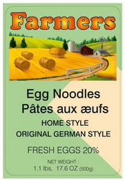 FARMERS EGG NOODLES PÂTES AUX AEUFS HOME STYLE ORIGINAL GERMAN STYLE FRESH EGGS 20% NET WEIGHT: 1.1 LBS, 17.6 OZ (500G) logo