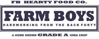 FB HEARTY FOOD CO.  FARM BOYS HARDWORKING FROM THE BACK FORTY A HOME GROWN GRADE A IOWA CROP logo