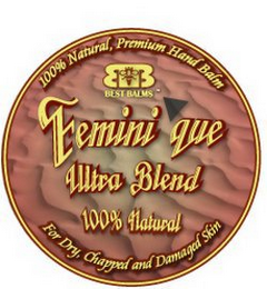 FEMINI'QUE ULTRA BLEND 100% NATURAL 100% NATURAL, PREMIUM HAND BALM FOR DRY, CHAPPED AND DAMAGED SKIN BB BEST BALMS logo