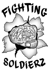 FIGHTING SOLDIERZ, DOMESTIC VIOLENCE, BRAIN ANEURYSM, DEPRESSION, OBESITY, LUPUS, ALZHEIMER'S, AUTISM, SUICIDE PREVENTION, AIDS, ANTI-BULLYING, HEART DISEASE, CANCER, HODGKIN'S, DOWN SYNDROME, BIPOLAR DISORDER, LYMPHOMA, SICKLE CELL logo