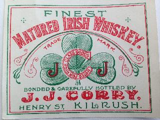 FINEST MATURED IRISH WHISKEY TRADE MARK JJ NOTED FOR HIGH CLASS GOODS BONDED & CAREFULLY BOTTLED BY J.J. CORRY, HENRY ST, KILRUSH logo