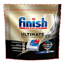 FINISH POWERBALL ULTIMATE OUR BEST CLEAN & SHINE ULTIMATE CLEAN 1 TACKLES BURNT-ON STAINS 2 REMOVES 24HR DRIED-ON STAINS 3 DIAMOND SHINE 4 CYCLESYNC RIGHT INGREDIENT RIGHT TIME logo