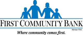 FIRST COMMUNITY BANK WHERE COMMUNITY COMES FIRST. MEMBER FDIC logo