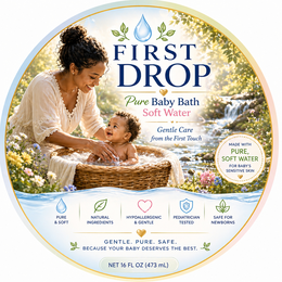 FIRST DROP PURE BABY BATH SOFT WATER GENTLE CARE FROM THE FIRST TOUCH MADE WITH PURE, SOFT WATER FOR BABY’S SENSITIVE SKIN PURE & SOFT NATURAL INGREDIENTS HYPOALLERGENIC & GENTLE PEDIATRICIAN TESTED SAFE FOR NEWBORNS GENTLE. PURE. SAFE. BECAUSE YOUR BABY DESERVES THE BEST. NET 16 FL OZ (473 ML) logo