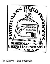 FISHERMANS HERB PRODUCTS FISHERMANS CAJUN & HERB SEASONED MEAL "FISH AT ITS BEST!" logo