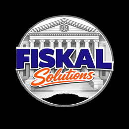 FISKAL SOLUTIONS, "FISKAL" EUROSTILE BOLD EXTENDED MICROGRAMMA BOLD EXTENDED, "SOLUTIONS" SCRIPT TIPO BRUSH/LOBSTER logo
