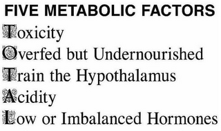 FIVE METABOLIC FACTORS TOXICITY OVERFEDBUT UNDERNOURISHED TRAIN THE HYPOTHALAMUS ACIDITY LOW OR IMBALANCED HORMONES logo