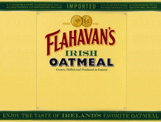 FLAHAVAN'S IRISH OATMEAL GROWN, MILLED AND PRODUCED IN IRELAND SINCE 1785 EF&S LTD. E. FLAHAVAN & SONS, KILNAGRANGE MILLS KILMACTHOMAS, CO. WATERFORD, IRELAND IMPORTED ENJOY THE TASTE OF IRELAND'S FAVORITE OATMEAL logo