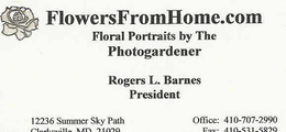 FLOWERSFROMHOME.COM FLORAL PORTRAITS BY THE PHOTOGARDENER ROGERS L.  BARNES PRESIDENT logo