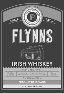 FLYNN'S WHISKEY CLOGHAN, COUNTY OFFALY P SMALL BATCH FLYNNS IRISH WHISKEY RUM CASK FINISH DISTILLED IN IRELAND A CELEBRATION OF HUMBLE HERITAGE AGED IN OAK CASKS ALC 40% VOL. 700ML PRODUCT OF IRELAND PJ FLYNN & SONS logo
