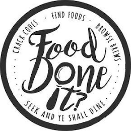 FOOD DONE IT? CRACK CODES FIND FOODS BROWSE BREWS SEEK AND YE SHALL DINE logo