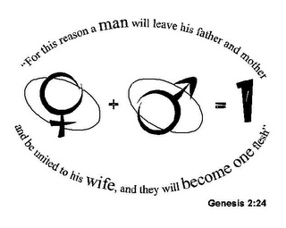"FOR THIS REASON A MAN WILL LEAVE HIS FATHER AND MOTHER AND BE UNITED TO HIS WIFE, AND THEY WILL BECOME ONE FLESH" GENESIS 2:24 + = 1 logo