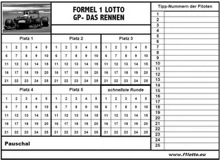 FORMEL 1 LOTTO GP - DAS RENNEN PLATZ 1 PLATZ 2 PLATZ 3 PLATZ 4 PLATZ 5 SCHNELLSTE RUNDE PAUSCHAL TIPP-NUMMERN DER PILOTEN WWW.F1LOTTO.EU logo