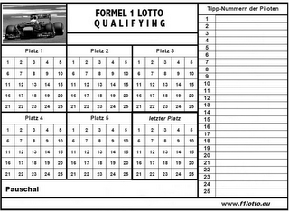FORMEL 1 LOTTO QUALIFYING PLATZ 1 PLATZ 2 PLATZ 3 PLATZ 4 PLATZ 5 LETZTER PLATZ PAUSCHAL TIPP-NUMMERN DER PILOTEN WWW.F1LOTTO.EU logo