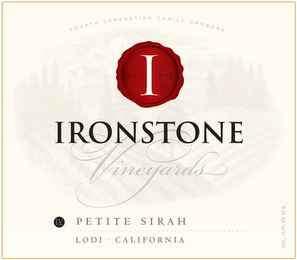 FOURTH GENERATION FAMILY GROWERS I 2013 IRONSTONE VINEYARDS IV PETITE SIRAH LODI · CALIFORNIA ACL.13.5% BY VOL. logo