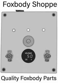 FOXBODY SHOPPE QUALITY FOXBODY PARTS ON OFF 5.0 VOLTAGE DC V ON OFF logo