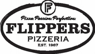 FP PIZZA. PASSION. PERFECTION. FLIPPERS PIZZERIA EST. 1987 logo