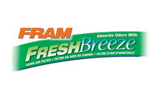 FRAM ABSORBS ODORS WITH FRESH BREEZE CABIN AIR FILTER FILTRO DE AIRE DE CABINA FILTRE D'AIRE D'HABITACLE logo