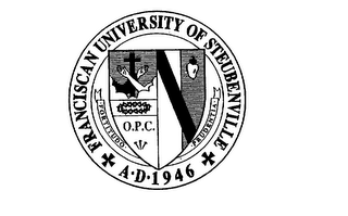 FRANCISCAN UNIVERSITY OF STEUBENVILLE AD 1946 FORTITUDO PRUDENTIA O.P.C. logo