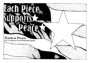 FREEDOM MINTS EACH PIECE SUPPORTS PEACE DELICIOUS PEPPERMINT AND WINTERGREEN CANDIES logo