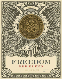 FREEDOM RED BLEND SINGING WATER VINEYARDS PRODUCED U.S. SW SINGING WATER VINEYARDS MINISTERIUM SACRIFICIUM HONORING THOSE WHO SERVE COMFORT, TX logo