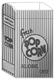 FRESH POP CORN DELICIOUS CRISP DELICIOUS NUTRITIOUS POP CORN INGREDIENTS: POPCORN, EDIBLE VEGETABLE OIL, AND SALT. MAY CONTAIN ARTIFICIAL COLORS AND FLAVORS. MAY CONTAIN YELLOW #5. logo
