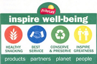 FRITO LAY INSPIRE WELL-BEING HEALTHY SNACKING BEST SERVICE CONSERVE & PERSERVE INSPIRE GREATNESS PRODUCTS PARTNERS PLANET PEOPLE logo