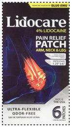 FROM THE MAKERS OF BLUE-EMU LIDOCARE 4%LIDOCAINE PAIN RELIEF PATCH ARM, NECK & LEG PATENT PENDING PRESSURE ADHESIVE PATCH PATCH SIZE 1.25" X 6" MADE IN THE USA ULTRA-FLEXIBLE ODOR-FREE FOR THE TEMPORARY RELIEF OF PAIN 6 PATCHES 2 PATCHES PER POUCH logo