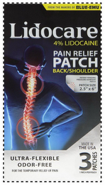FROM THE MAKERS OF BLUE-EMU LIDOCARE 4%LIDOCAINE PAIN RELIEF PATCH BACK/SHOULDER PATENT PENDING PRESSURE ADHESIVE PATCH PATCH SIZE 2.5" X 6" MADE IN THE USA ULTRA-FLEXIBLE ODOR-FREE FOR THE TEMPORARY RELIEF OF PAIN 3 PATCHES 1 PATCH PER POUCH logo