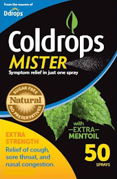 FROM THE MAKERS OF DDROPS COLDROPS MISTER "SYMPTOM RELIEF IN JUST ONE SPRAY" NATURAL SUGAR FREE NO PRESERVATIVES WITH -EXTRA- MENTOIL EXTRA STRENGTH RELIEF OF COUGH, SORE THROAT, AND NASAL CONGESTION 50 SPRAYS logo