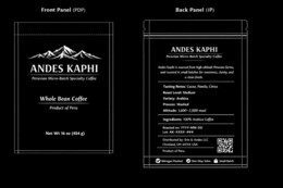 FRONT PANEL (PDP)ANDES KAPHIPERUVIAN MICRO-BATCH SPECIALTY COFFEEWHOLE BEAN COFFEEBACK PANEL (IP)ANDES KAPHIPERUVIAN MICRO-BATCH SPECIALTY COFFEEANDES KAPHI IS SOURCED FROM HIGH-ALTITUDE PERUVIAN FARMS AND ROASTED IN SMALL BATCHES FOR SWEETNESS, CLARITY, AND A CLEAN FINISH.DISTRIBUTED BY: ERIE & ANDES LLCCLEVELAND, OH 44256 USAPRODUCT OF PERUNITROGEN FLUSHEDONE-WAY VALVESMALL BATCH logo