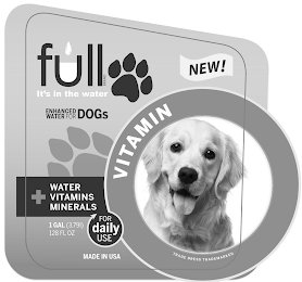 FULL BRAND IT'S IN THE WATER NEW! ENHANCED WATER FOR DOGS VITAMIN + WATER VITAMINS MINERALS 1 GAL (3.79L) 128 FL OZ FOR DAILY USE MADE IN USA TRADE DRESS TRADEMARKED logo