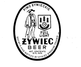 FULL LIGHT ZYWIEC BEER PIWO ZYWIECKIE BREWED AND BOTTLED BY ZYWIEC BREWERY POLAND 1858 NET CONTENTS 12 FL. OZS. logo