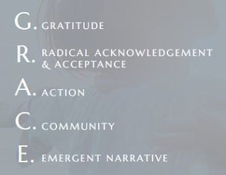 G. GRATITUDE R. RADICAL ACKNOWLEDGEMENT & ACCEPTANCE A. ACTION C. COMMUNITY E. EMERGENT NARRATIVE logo