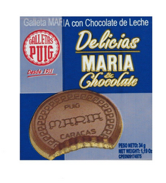 GALLETA MAF A CON CHOCOLATE DE LECHE GALLETAS PUIG DESDE 1911 DELICIAS MARIA & CHOCOLATE PUIG MARIA CARACAS PESO NETO: 34 G NET WEIGHT: 1,19 OZ CPE0909174975 logo
