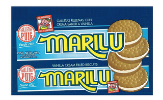 GALLETAS PUIG DESDE 1911 CON PAQUETICOSPARA TU LONCHERA GALLETAS RELLENAS CON CREMA SABOR VAINILLA MARILU GALLETAS PUIG DESDE 1911 VANILLA CREAM FILLED BISCUITS MARILU CON PAQUETICOS PARA TU LONCHERA PESO NETO: 216 G CPE 070337996 NET WEIGHT: 7.6 OZ. logo